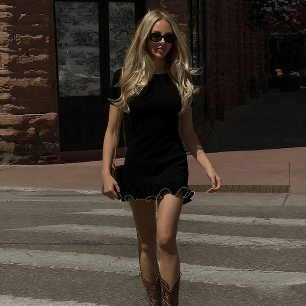 Short Sleeve Bodycon Dress with Contrast Ruffle Hem