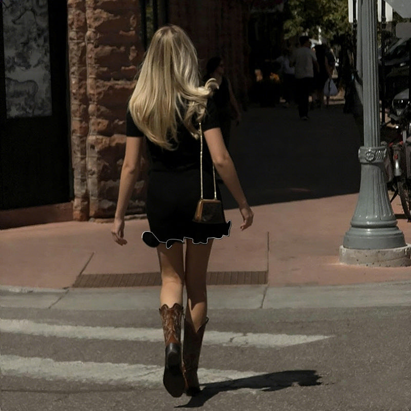 Short Sleeve Bodycon Dress with Contrast Ruffle Hem