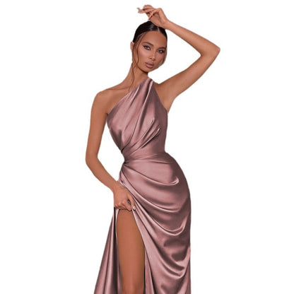 One-Shoulder Satin Maxi Dress with Ruched Bodice and High Slit