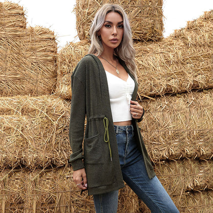 Ribbed Knit Hooded Cardigan with Drawstring Waist