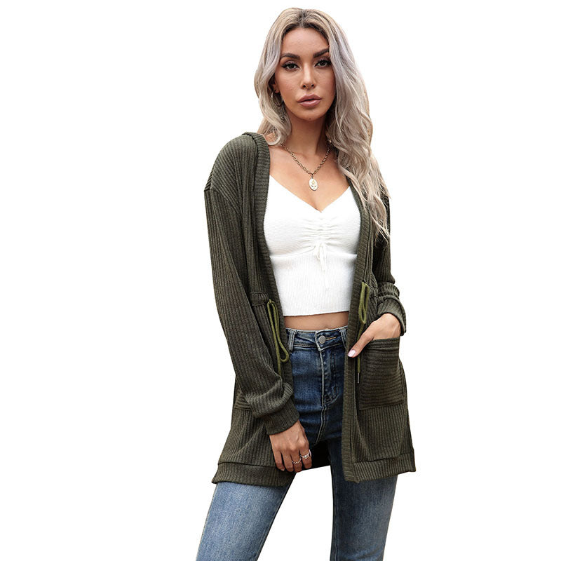 Ribbed Knit Hooded Cardigan with Drawstring Waist