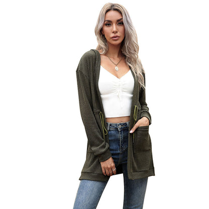 Ribbed Knit Hooded Cardigan with Drawstring Waist