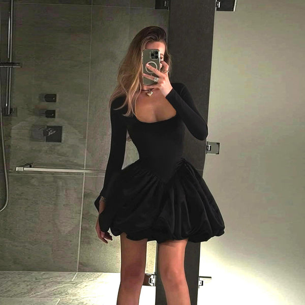 Bubble Hem Mini Dress with Square Neck and Long Sleeves