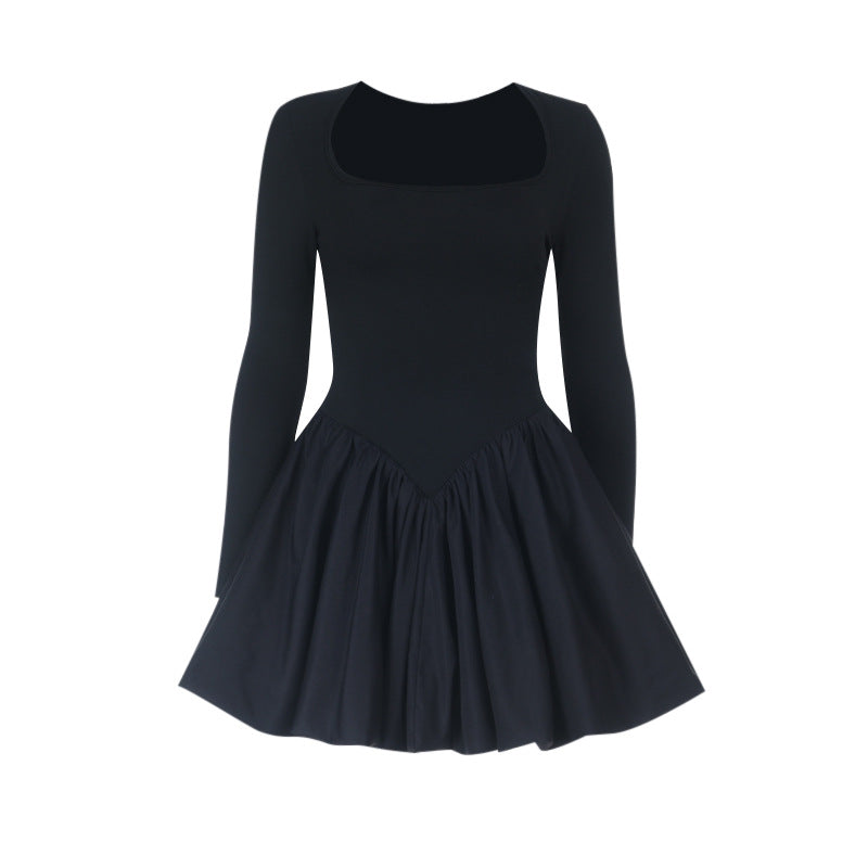 Bubble Hem Mini Dress with Square Neck and Long Sleeves