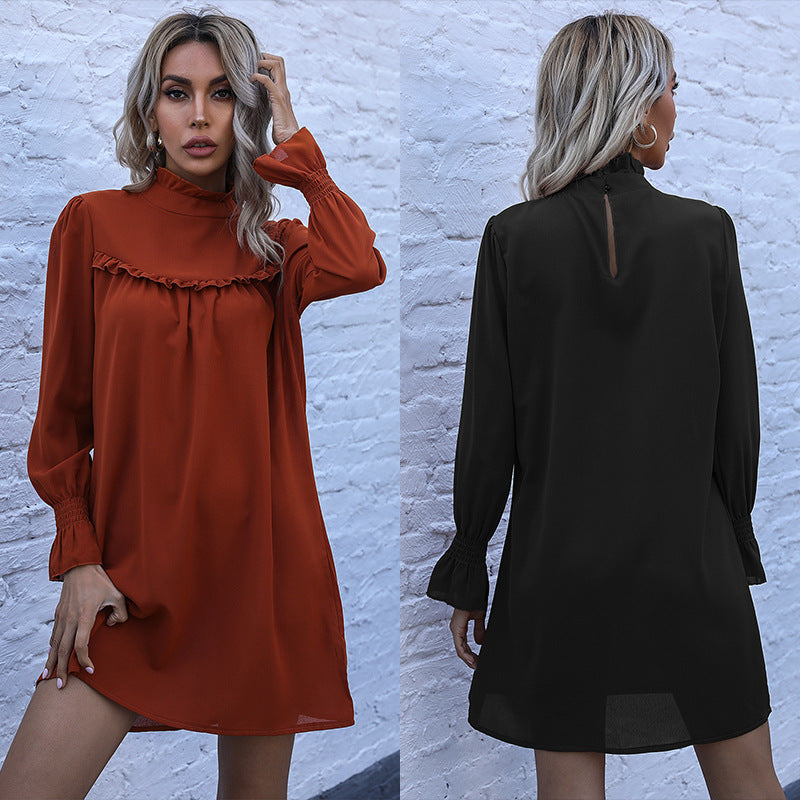 Solid A-Line Mini Dress with High Neck and Ruffled Yoke