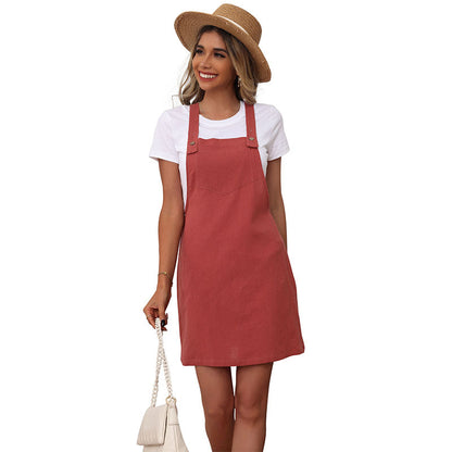 Solid A-Line Pinafore Mini Dress with Front Pocket