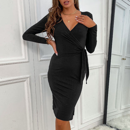 V-Neck Long-Sleeve Bodycon Dress with Wrap Tie Waist