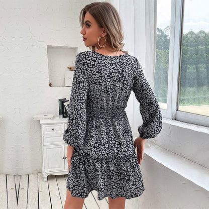Leopard Print V-Neck Mini Dress with Smocked Waist and Tiered Skirt