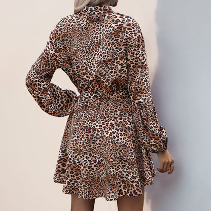 Leopard Print A-Line Mini Dress with Stand Collar and Button Front
