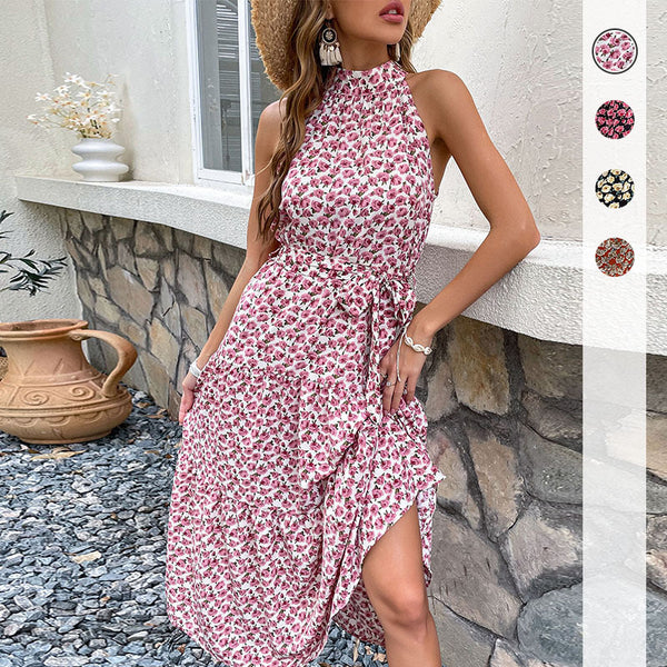 Tiered Floral Midi Dress with Halter Neck and Tie Waist