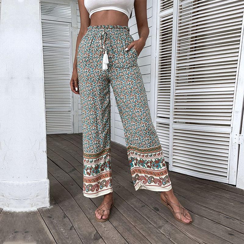 Floral Print Wide-Leg Pants with High Waist and Tassel Drawstring