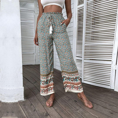 Floral Print Wide-Leg Pants with High Waist and Tassel Drawstring
