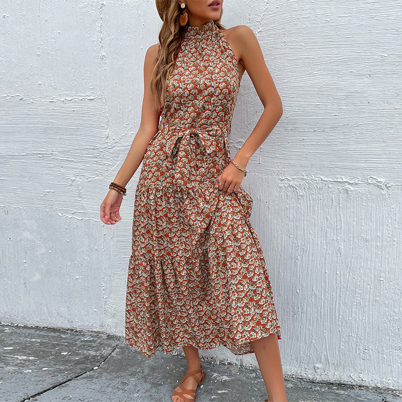 Tiered Floral Midi Dress with Halter Neck and Tie Waist