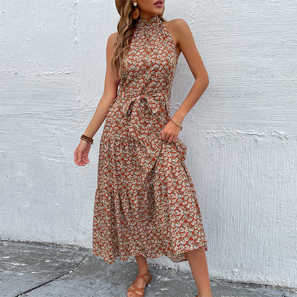 Tiered Floral Midi Dress with Halter Neck and Tie Waist