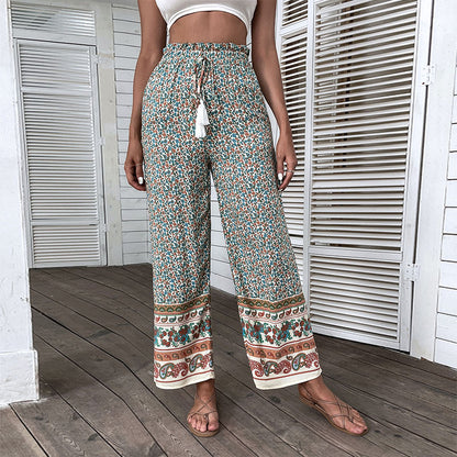 Floral Print Wide-Leg Pants with High Waist and Tassel Drawstring