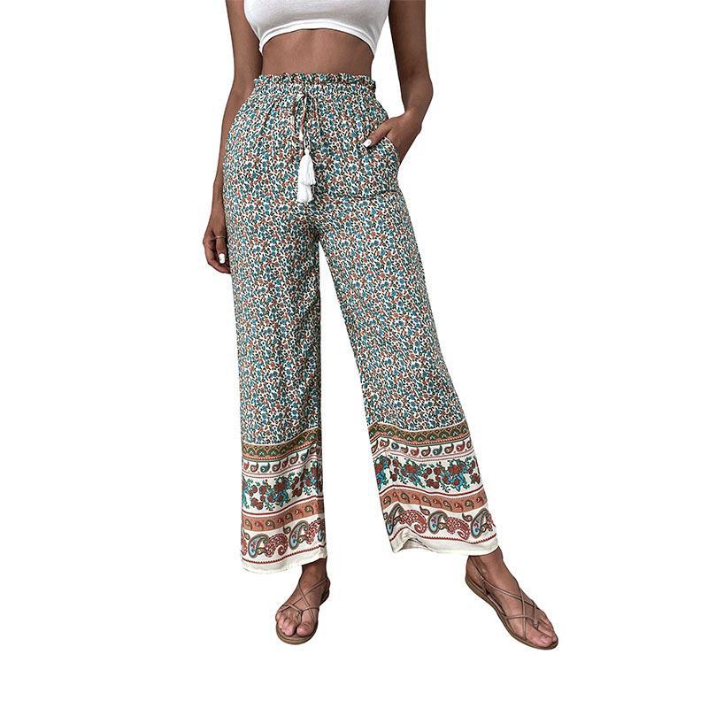 Floral Print Wide-Leg Pants with High Waist and Tassel Drawstring