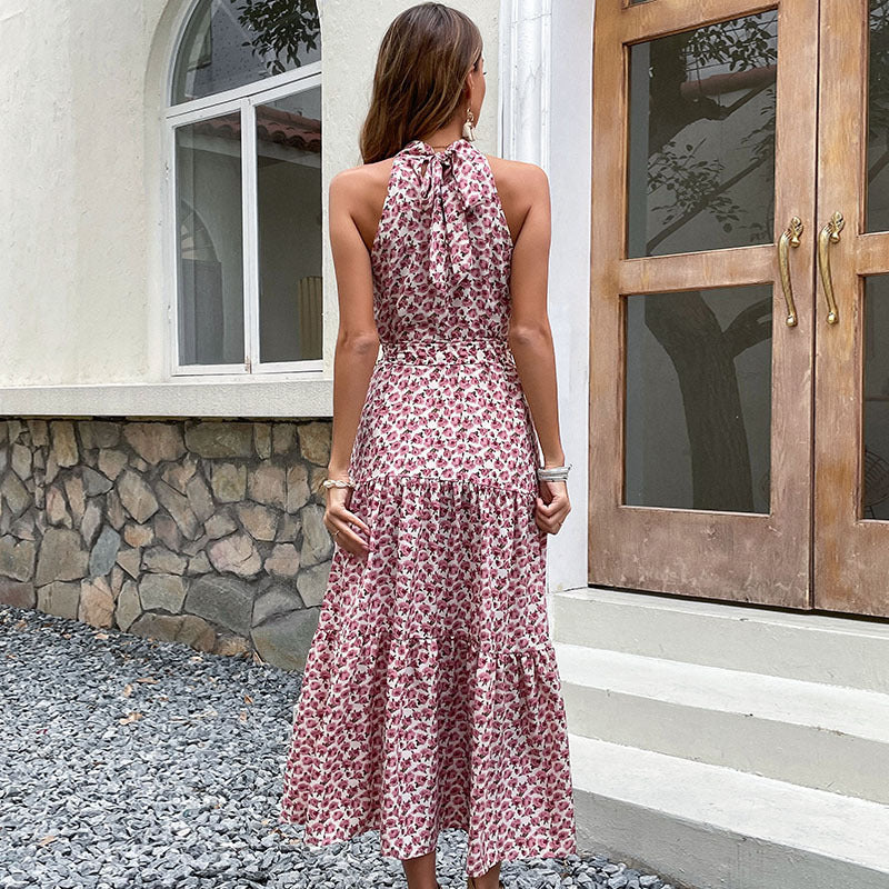 Tiered Floral Midi Dress with Halter Neck and Tie Waist