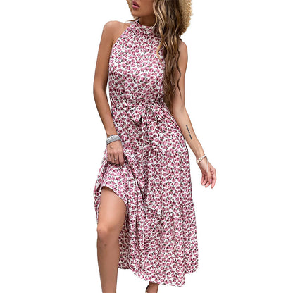 Tiered Floral Midi Dress with Halter Neck and Tie Waist