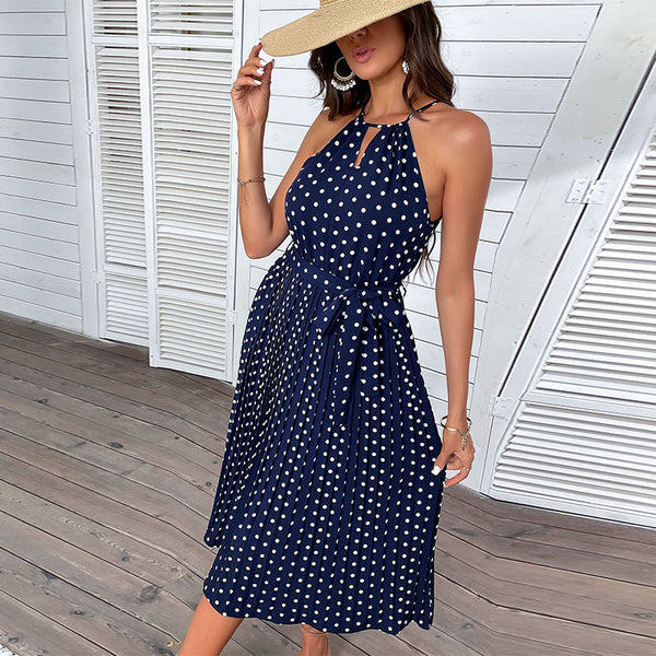Polka Dot Pleated Midi Dress with Halter Neck and Tie Waist