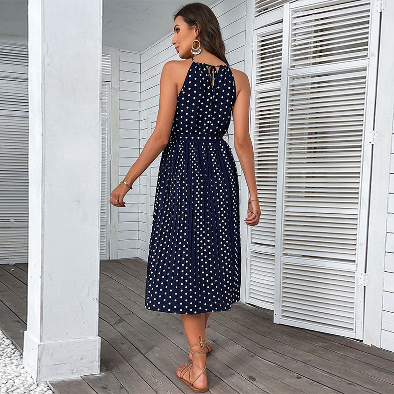 Polka Dot Pleated Midi Dress with Halter Neck and Tie Waist