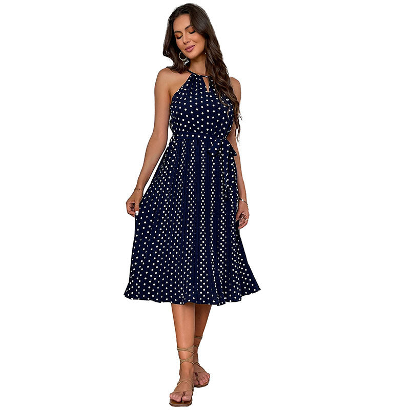 Polka Dot Pleated Midi Dress with Halter Neck and Tie Waist