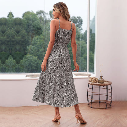 Leopard Print A-Line Midi Dress with Spaghetti Straps and Tie Waist