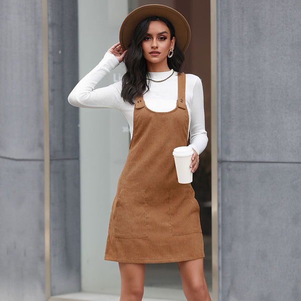 A-Line Corduroy Suspender Dress with Front Pockets