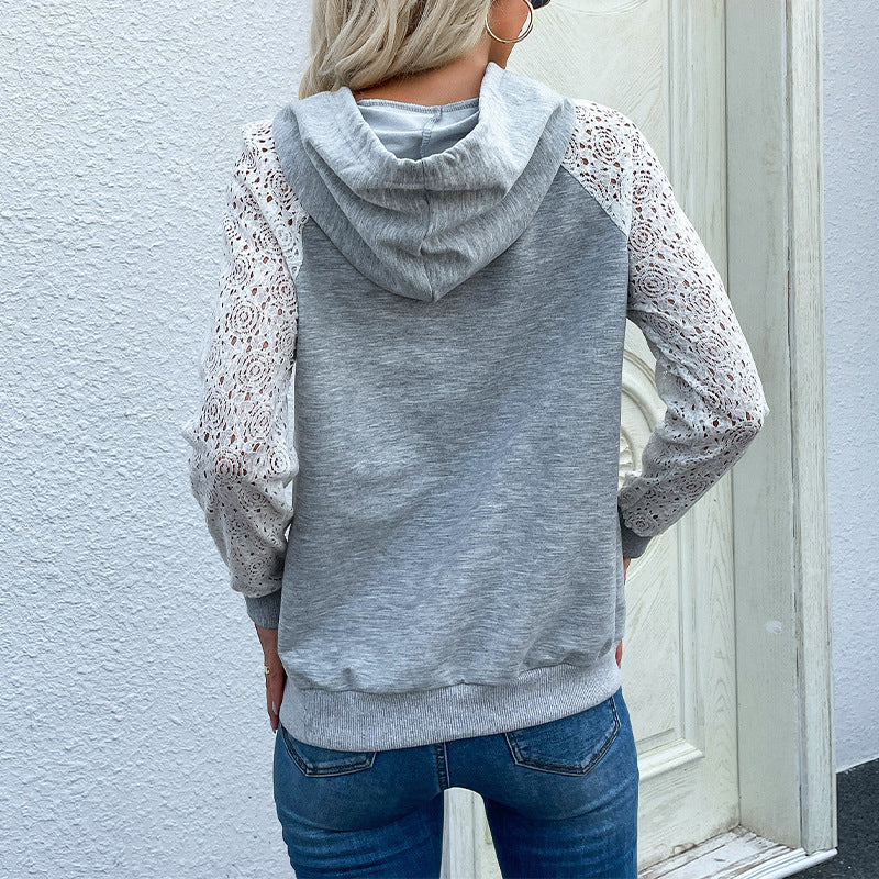 Loose Pullover Hoodie with Lace Patchwork Sleeves and Pocket