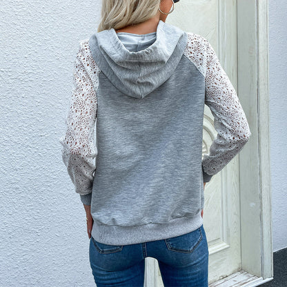 Loose Pullover Hoodie with Lace Patchwork Sleeves and Pocket
