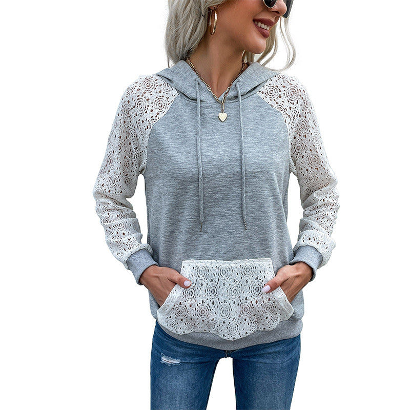Loose Pullover Hoodie with Lace Patchwork Sleeves and Pocket