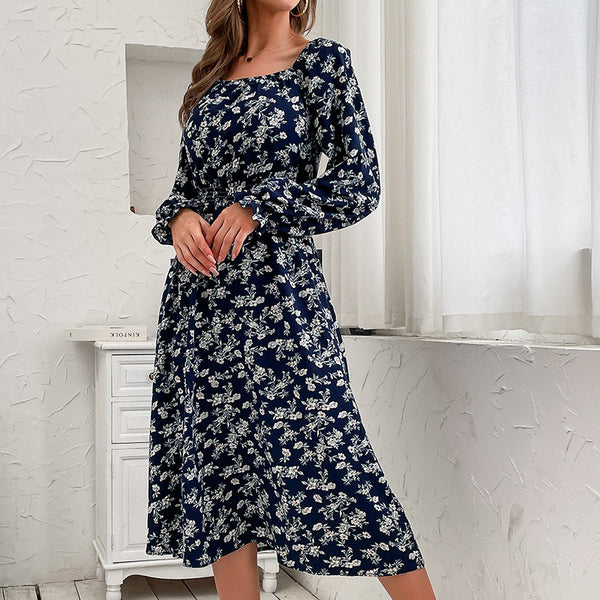 Floral A-Line Midi Dress with Square Neck and Long Sleeves