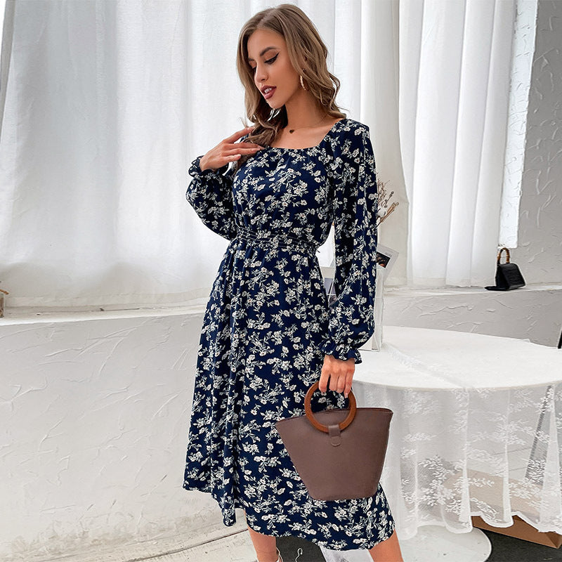 Floral A-Line Midi Dress with Square Neck and Long Sleeves