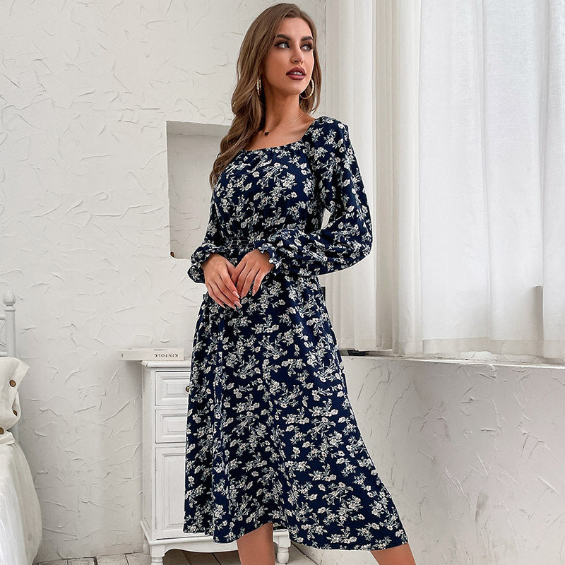 Floral A-Line Midi Dress with Square Neck and Long Sleeves