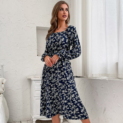 Floral A-Line Midi Dress with Square Neck and Long Sleeves