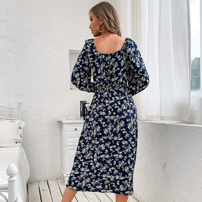 Floral A-Line Midi Dress with Square Neck and Long Sleeves