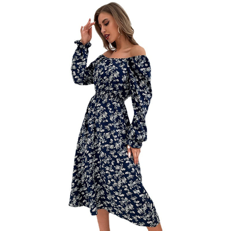 Floral A-Line Midi Dress with Square Neck and Long Sleeves
