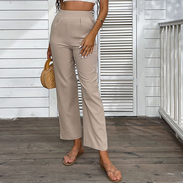 Straight-Leg Cotton-Linen Pants with High-Waist and Pleats