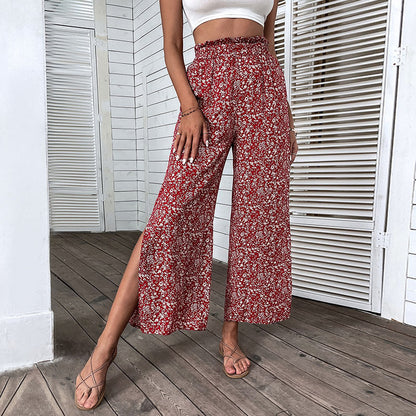 Floral High-Waist Wide-Leg Cropped Pants with Side Slits