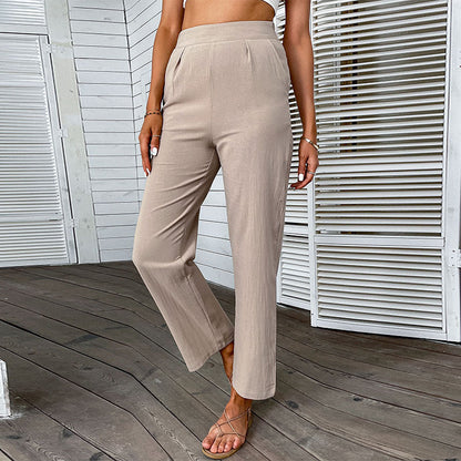 Straight-Leg Cotton-Linen Pants with High-Waist and Pleats