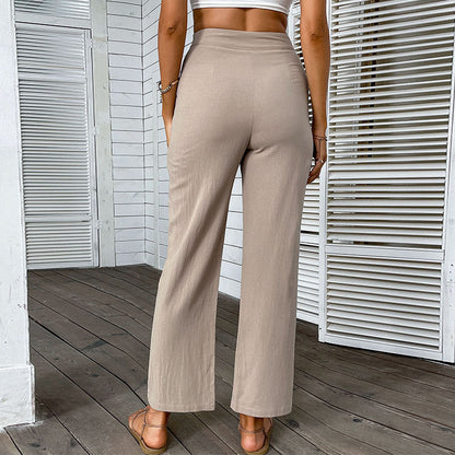 Straight-Leg Cotton-Linen Pants with High-Waist and Pleats