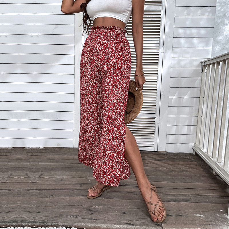 Floral High-Waist Wide-Leg Cropped Pants with Side Slits