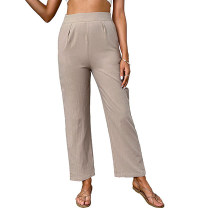 Straight-Leg Cotton-Linen Pants with High-Waist and Pleats
