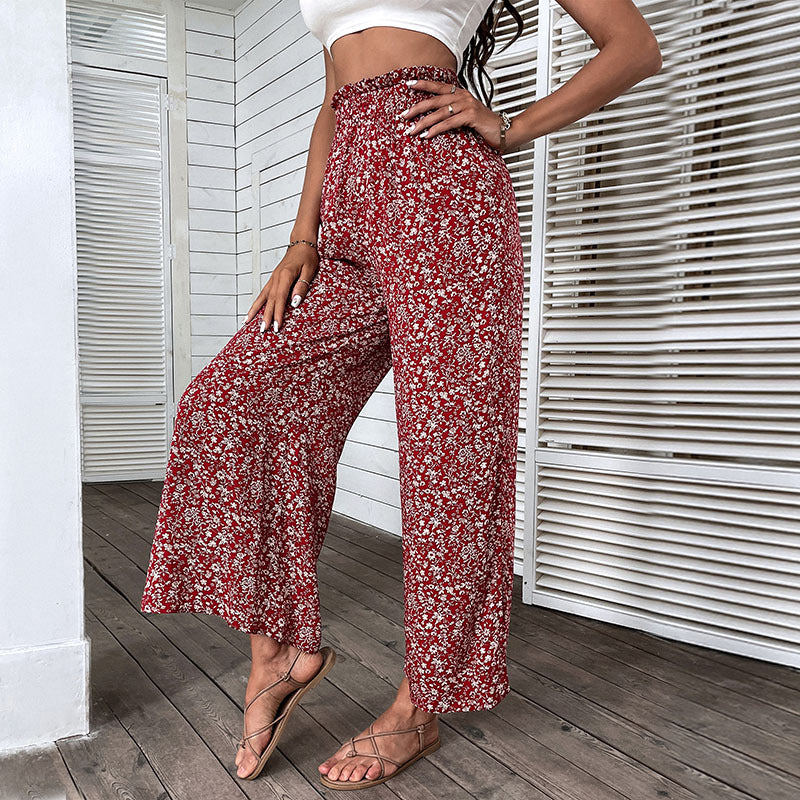 Floral High-Waist Wide-Leg Cropped Pants with Side Slits