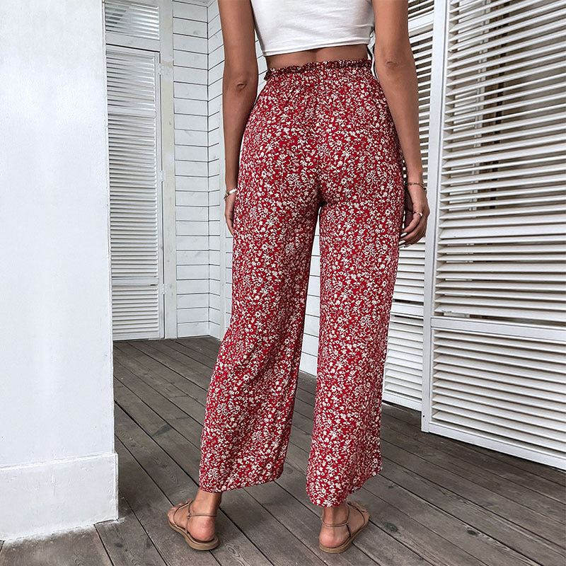 Floral High-Waist Wide-Leg Cropped Pants with Side Slits