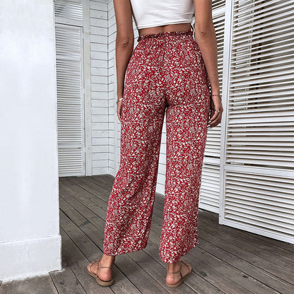 Floral High-Waist Wide-Leg Cropped Pants with Side Slits