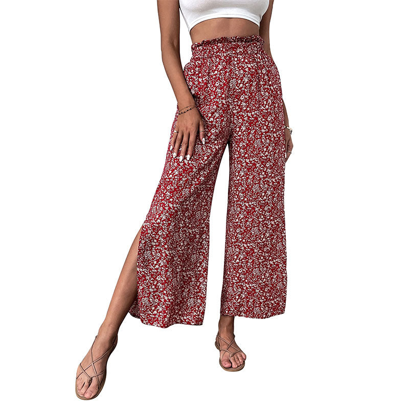 Floral High-Waist Wide-Leg Cropped Pants with Side Slits