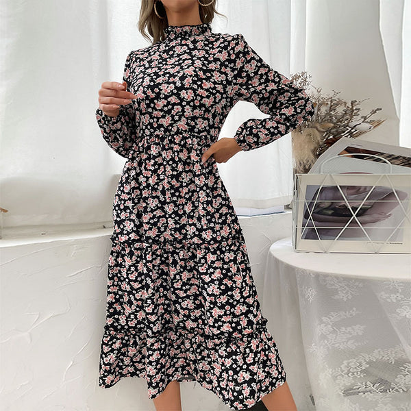 Floral A-Line Midi Dress with Mock Neck and Tiered Skirt