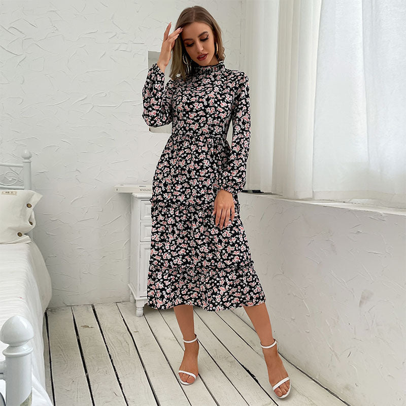 Floral A-Line Midi Dress with Mock Neck and Tiered Skirt