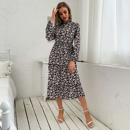 Floral A-Line Midi Dress with Mock Neck and Tiered Skirt