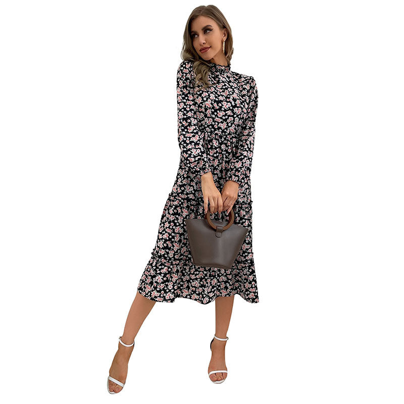 Floral A-Line Midi Dress with Mock Neck and Tiered Skirt